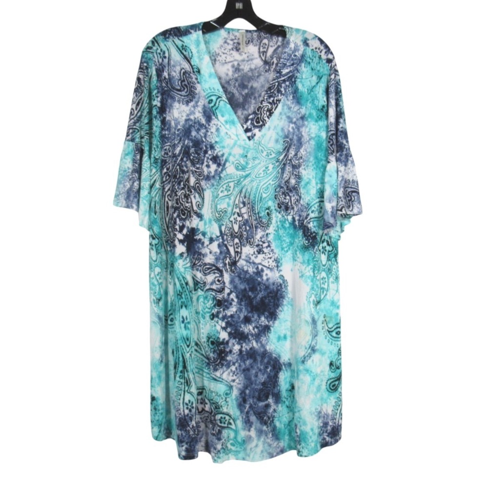 EMERALD Teal/Blue PAISLEY PRINT V-Neck SIDE POCKETS A-Line Dress/Tunic Top Sz 1X